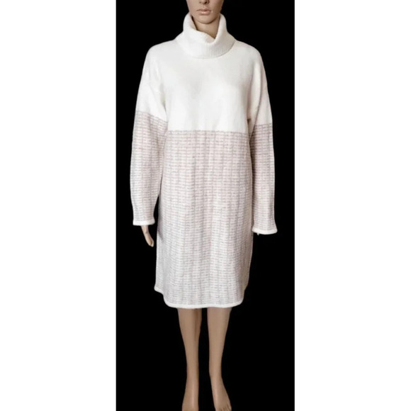 TAHARI Cream Multi Long Sleeve Turtleneck long sleeve Dress size L - Picture 2 of 9